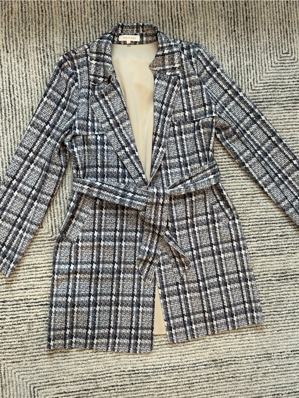 Solitaire Plaid Belted Women's Coat Jacket in Black Gray Longline Vegan Suede